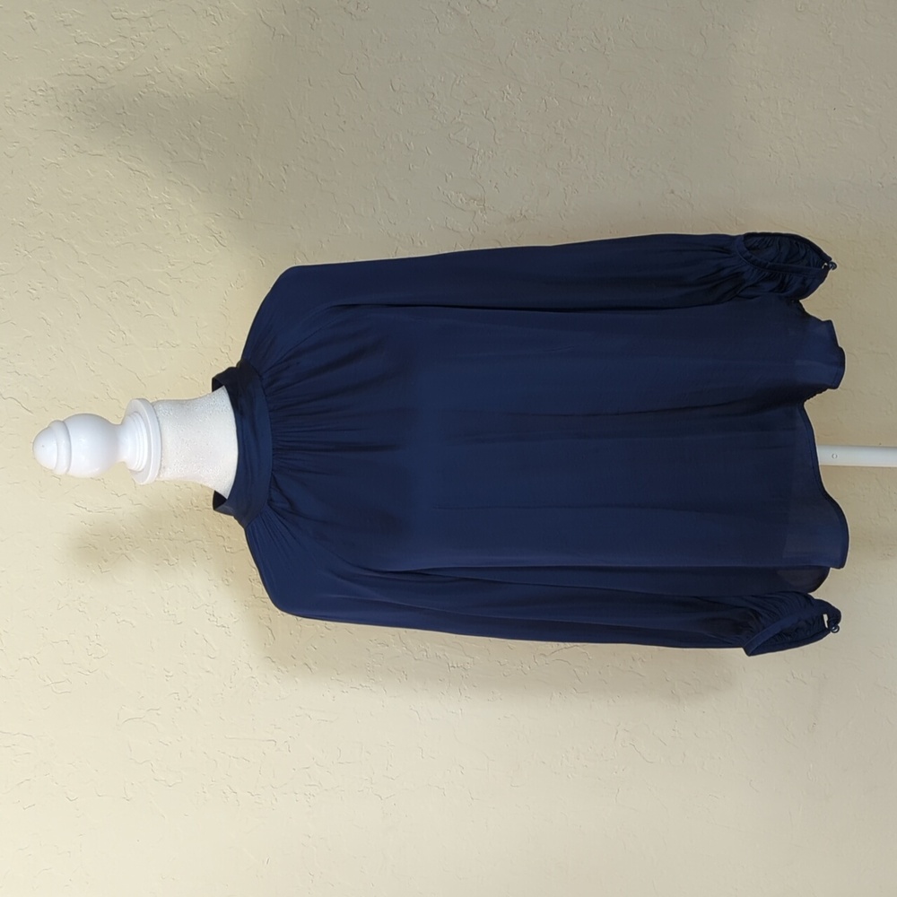 Banana Republic Navy Mock Neck Satin Pleated Long Sleeve Blouse Size MP
